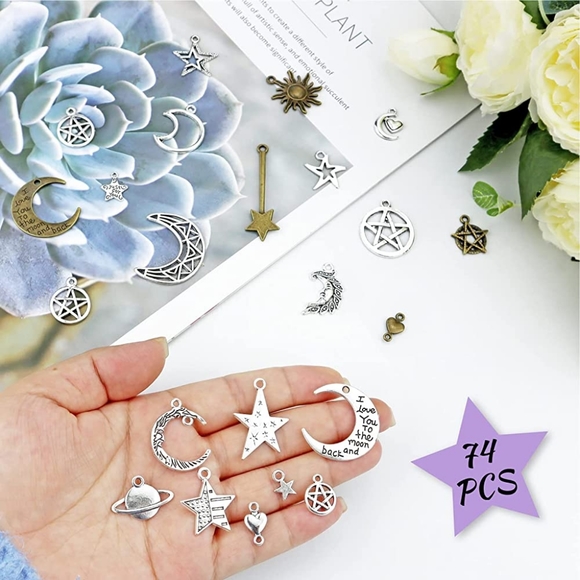 74PCS Celestial Mixed Sun Moon Star Charms, Antique Alloy Pendants DIY Necklace - Picture 6 of 6